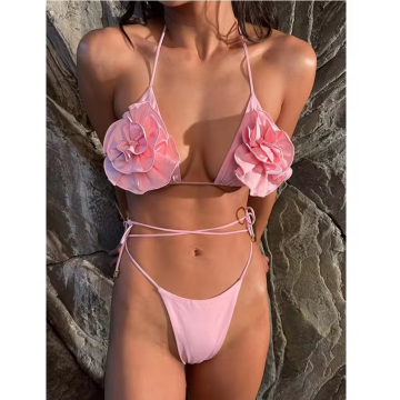 High Quality Women's Triangle Bikini: High Waist Swimsuit with 3D Floral Design