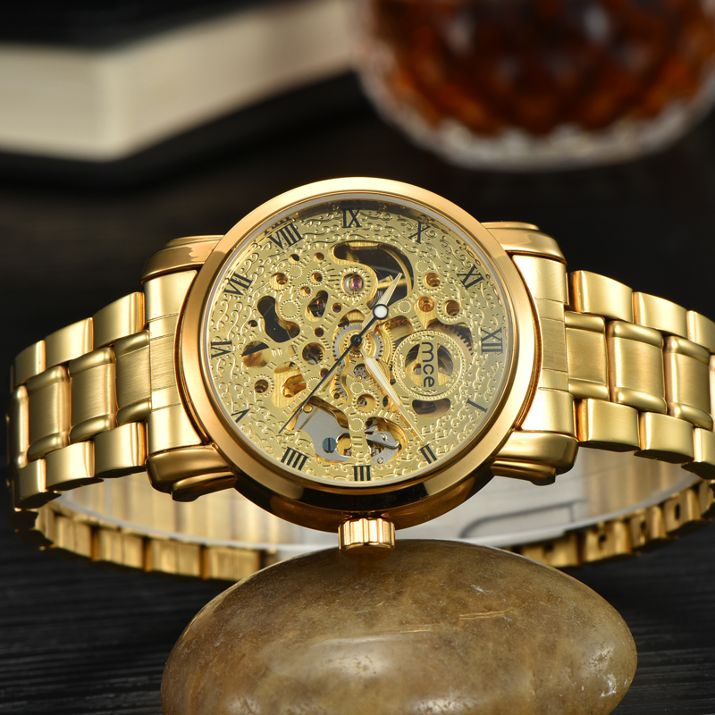 Gold 3 ATM Waterproof Mechanical Skeleton Watch