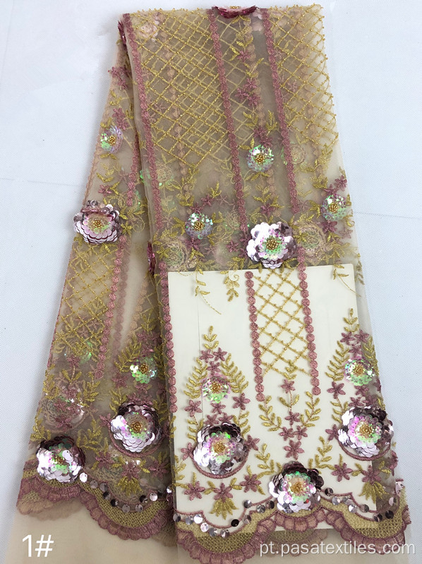 Tecido com tecido de alta qualidade Bordado lantejas de tecido 3D Tecido de renda de vestido de noiva