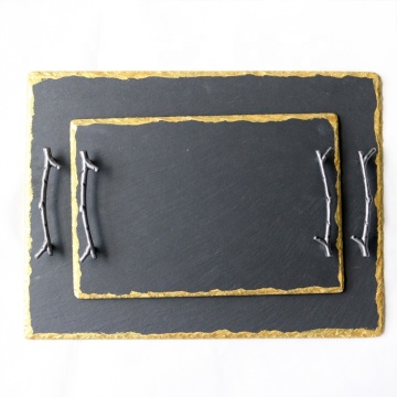 Handcrafted Nordic Style Black Slate Board with Golden Edge and Round Serving Plate, Perfect for Wine Glasses and Western Dining