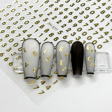 Hot Selling Number 0-9 Joyful Nail Stickers with Custom Letters and Gold/Silver Decals