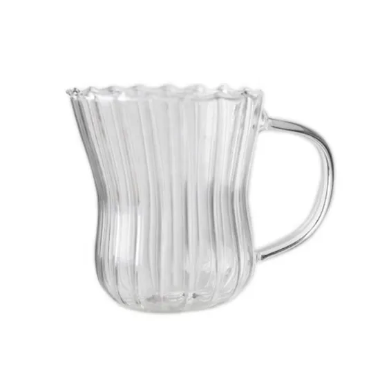 custom 300ml ribbed coffee glass mug with handle
