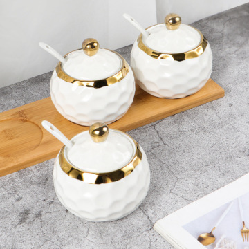 Gold Lid Kitchen Seasoning Set with Ceramic Jars and Tray