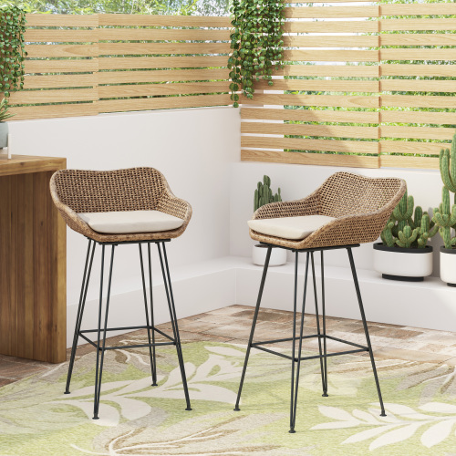 Outdoor Wicker and Iron Low Back Barstools 3