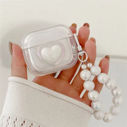 Laser Pearl Heart Earphone Case for AirPods 2/3 Pro - Charging Box Protect Cover with Keychain