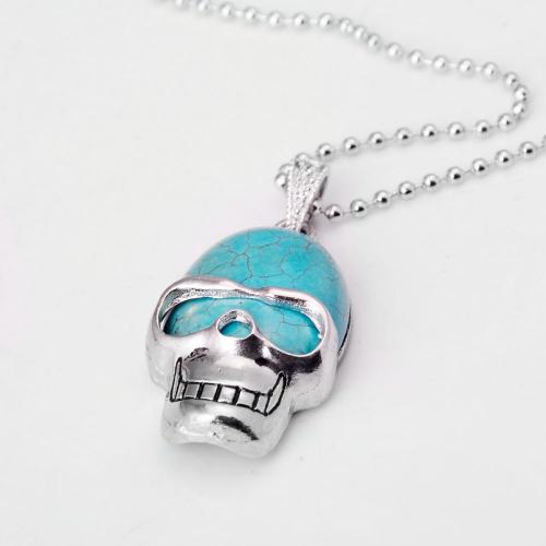 Turquoise Skull Gemstone Pendant Necklace with Silver chain