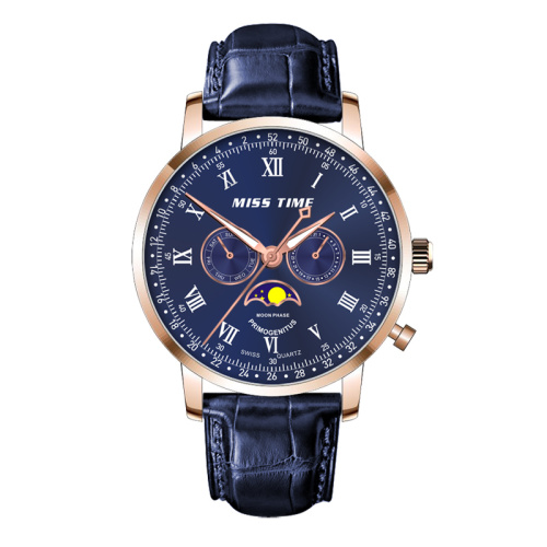stainless steel back soft genuine leather strap quartz watch