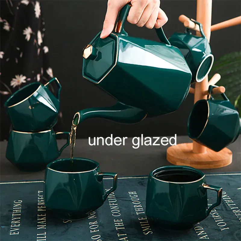 Vintage Gold-Rimmed Peacock Green Coffee Set