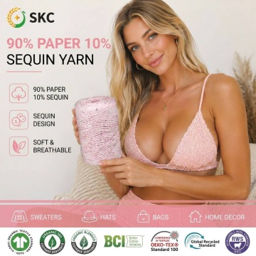 Oem/odm fio ecológico 90% papel 10% lantejoulas slub 150g 180m ouro preto tingido anti-pilling super macio chapéus sacos tricô diy
