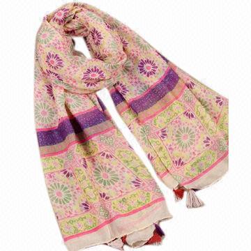 Stylish Ladies' Viscose Scarf, Flower Pattern Printing with Tassel, Soft Material