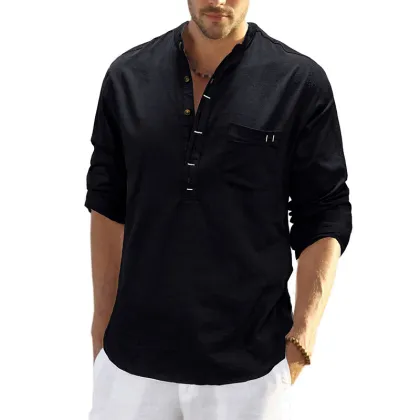 New Stand Up Collar Long Sleeved Cotton and Linen Men's Shirt