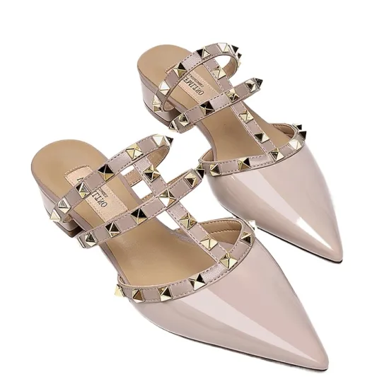 2024 Summer Trend: Designer Rivet Sandals - Handmade Patent Leather Low Heel Mule Shoes for Women