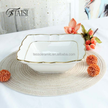 6 Inch Square Ramen Cereal Salad Bowls - Luxury Ceramic Gold Rim Serving Bowl Set