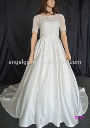 Floor length short sleeves Mikado fabric wedding dress