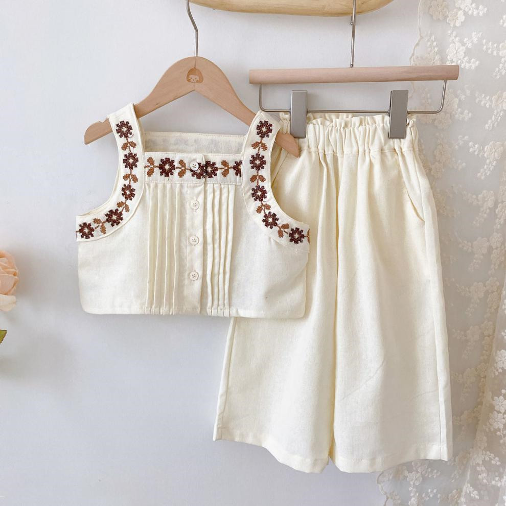 Girls Summer Suit Embroidered Pants Two Piece