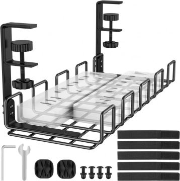 No Drill Under Desk Cable Management Tray: Upgraded Metal Wire Basket with Clamp for Desk Organization