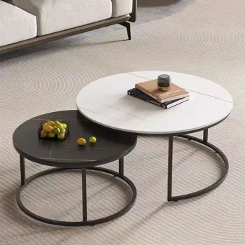 Modern Gold Small Round Coffee Table Set with Sintered Stone Top for Living Room