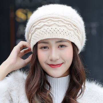 Winter New Solid Color Rabbit Fur Beret Cap with Pearls - High Quality Knitted Hats for Ladies