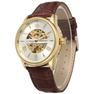 Leather Band Automatic skeleton gold dial watch