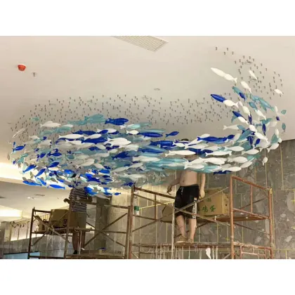 Blue Ocean Glass Chandelier: Modern Art Fish Glass Pendant Lights for Hotel Lobby