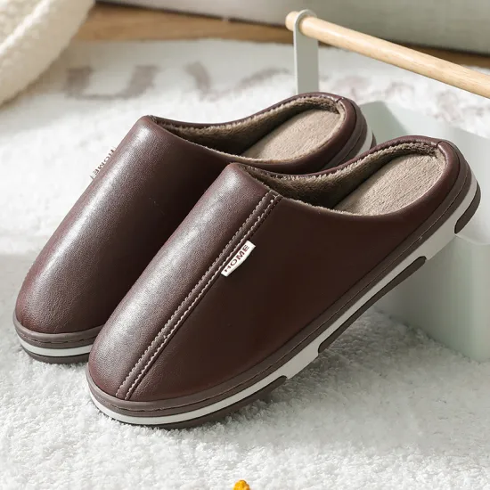 Men's Slippers Waterproof Men Slippers Leather Velvet Short Plush Indoor Fur Slippers Large Size Couple Shoes for Home