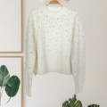 Boncuklu Beyaz Yün Jakarlı Örme Üst