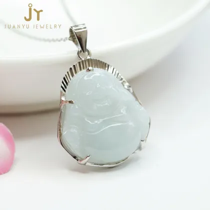 Wholesale Natural Burma Jade S925 Silver Pendant Buddha Necklaces Carved from Jadeite