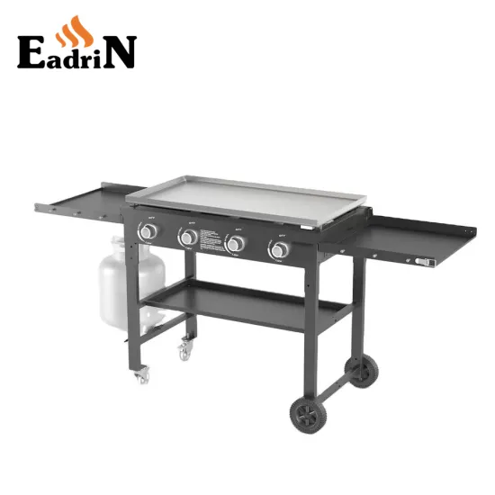 Shipping Outdoor 4-Burner Flat Top Griddle: Portable Gas Grill with Storage Rack for Ships