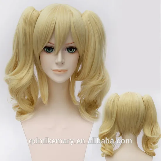 Golden Blonde Anime Cosplay Wig Cheap High Temperature Fiber Synthetic Hair Costume Party Wigs With 2 Ponytails