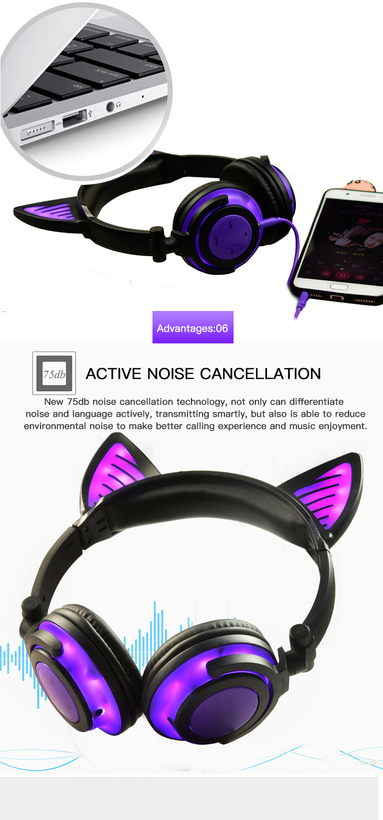 Cute Glowing Cat Ear Wireless Headphones