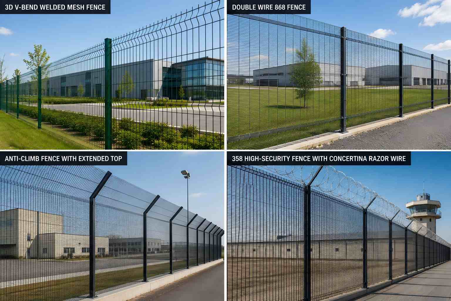 ANJIA Group four-tier security fence comparison showing 3D, double wire, anti-climb, and 358 with razor wire