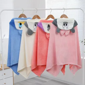 Cute Animal Cartoon Kids Bath Poncho in Large Microfiber Coral Fleece