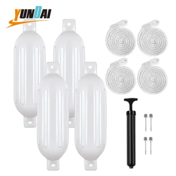 YUNDAI 8.5x27'' White 4 Pack Ribbed Boat Fender PVC Floating Inflatable Yacht Buoy