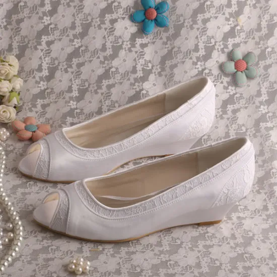 Satin and Lace Open Toe Bridal Shoes Wedges
