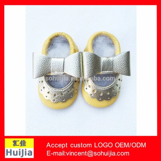 Alibaba top products Modern Fashion kids Shoes gold bow Well footwear yellow Genuine Leather toddler moccs sandals shoes