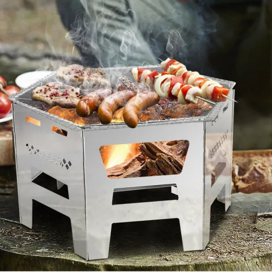 Outdoor Camping Portable Foldable Wood Stove Household Hexagonal Charcoal Barbecue Grill