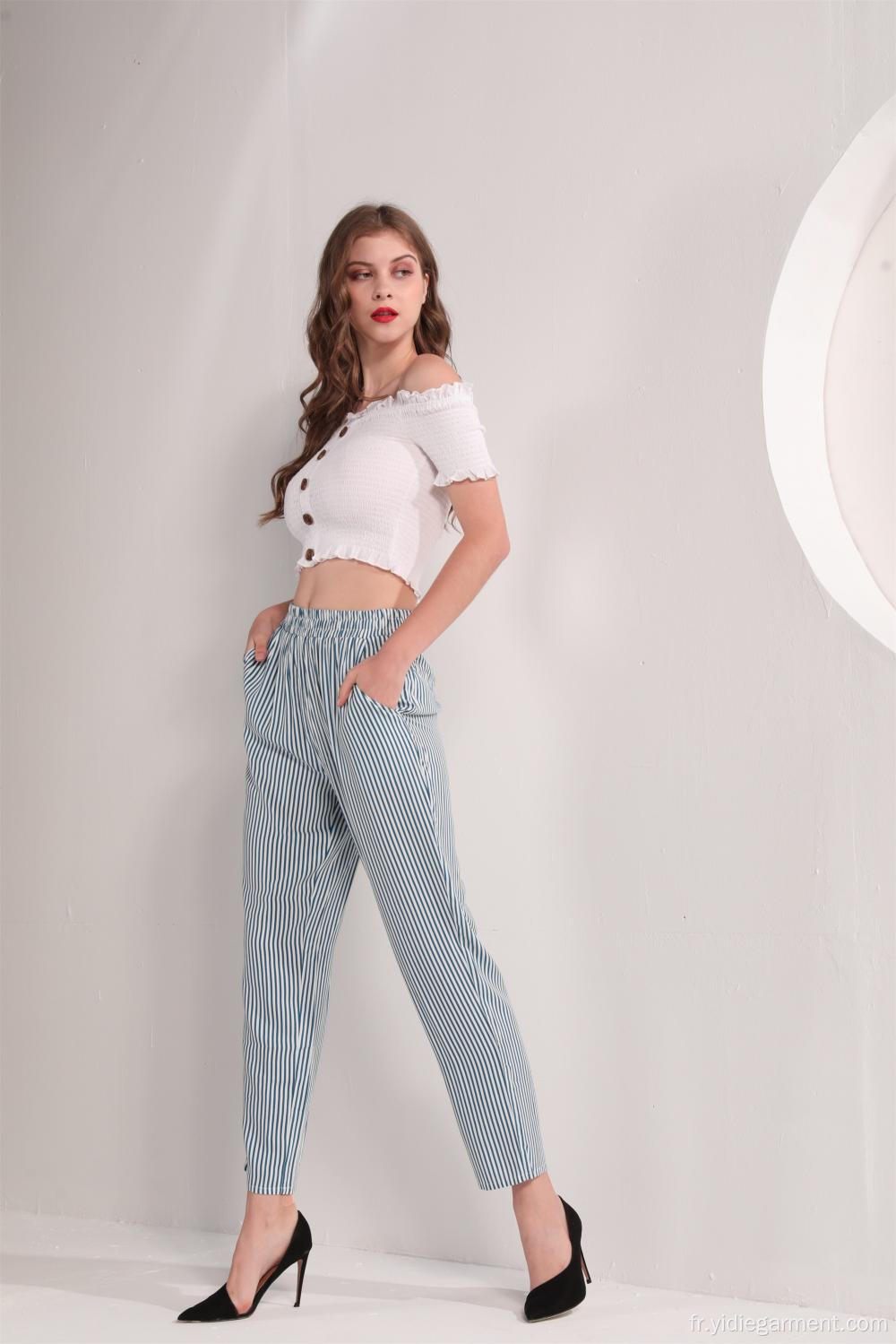 Pantalon femme rayé bleu et blanc