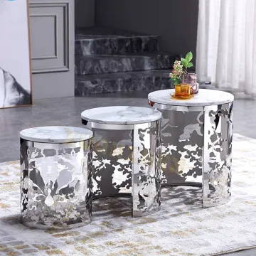Modern Luxury Living Room Furniture Set: Stainless Steel, Marble Coffee Table & Corner Side Table