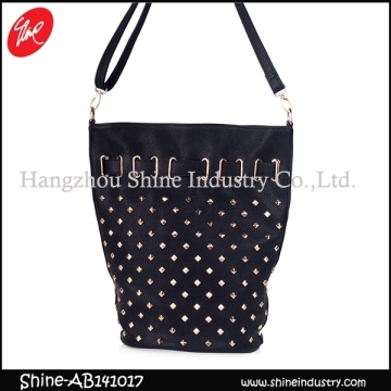 studded fashion shoulder bag/black leather bucket bag/luxury bucket women handbag