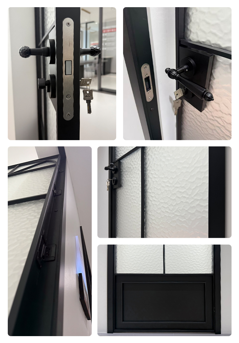 Marco delgado de aluminio con bisagras para cerradura de puerta abatible y detalles de vidrio