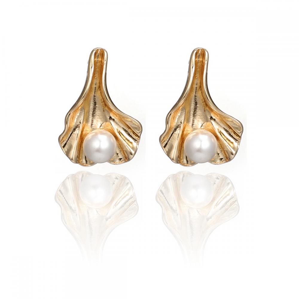 Moda Nuevo Geométrico Simple Temperamento Pliegues de Metal Shell Pendientes de Perlas Eardrop Dangler Hermosa Joyería Regalo Para Las Mujeres