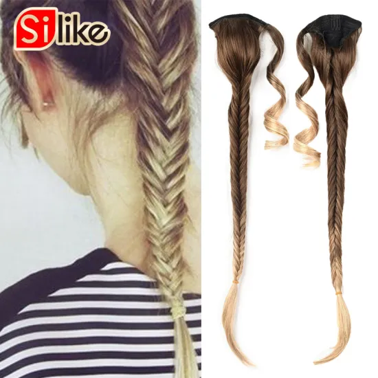 Silike Synthetic Ponytail Extensions 24inch Fishtail Braids Hair Drawstring Braiding Clip in Ponytail Hair Extension Ombre Color