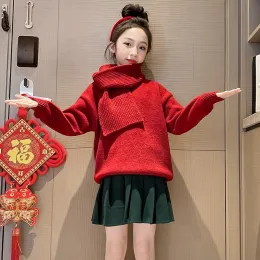 2022 girls' winter sweater plush thick knit red round neck base coat