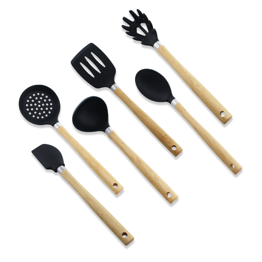 6pcs utensílios de cozinha de silicone com cabo de madeira