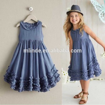 Wholesale Kids Clothes Clothing 100% cotton Apparel Custom Denim Ruffle Sleeveless Party Cocktail linen Girls Chambray Dress