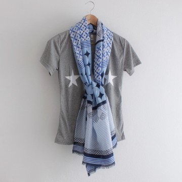 Navy blue paisley and plants printing self raw fringes women shawl scarf