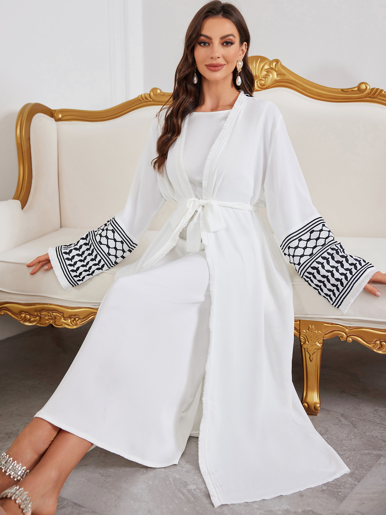Belted Linen Open Abaya with Embroidered Cuffs