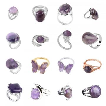 Natural Stone Amethyst Rings Owl Shape Amethyst Crystal Ring for Women Heart Rings for Girl Women Turquoise Adjustable ring