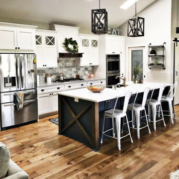 Modern Marble Kitchen Counter with Wooden Island and Custom Cabinets