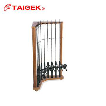 TAIGEK 16-Hole Wooden Fishing Rod Shelf Storage Rack